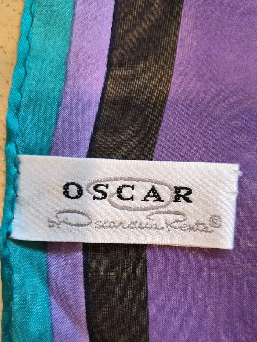 Vintage Silk Oscar de la Renta Blue Purple and Lime Green Geometric Scarf